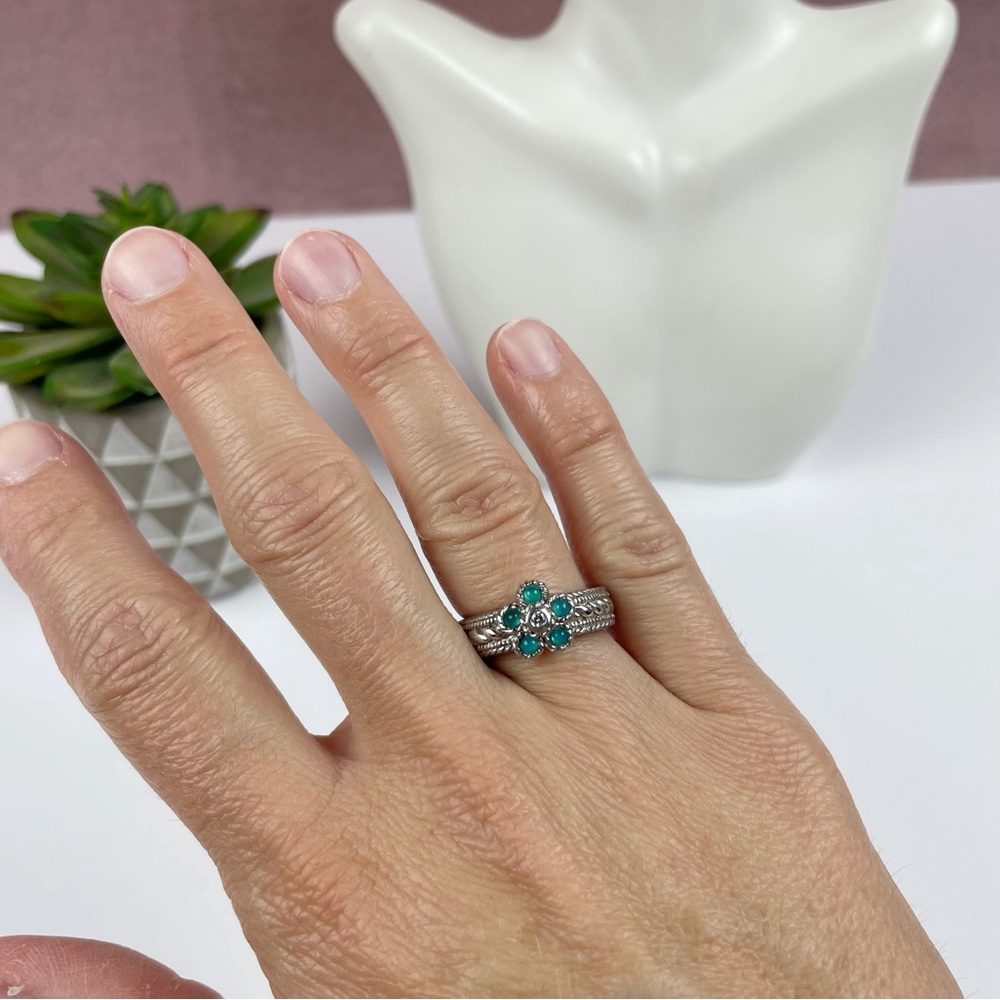 Judith Ripka 925 Silver Blue Flower Ring Women Jewelry Diamonique Emerald Blue